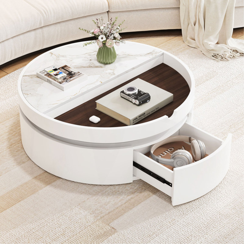 Table basse ronde à plateau relevable avec tiroir