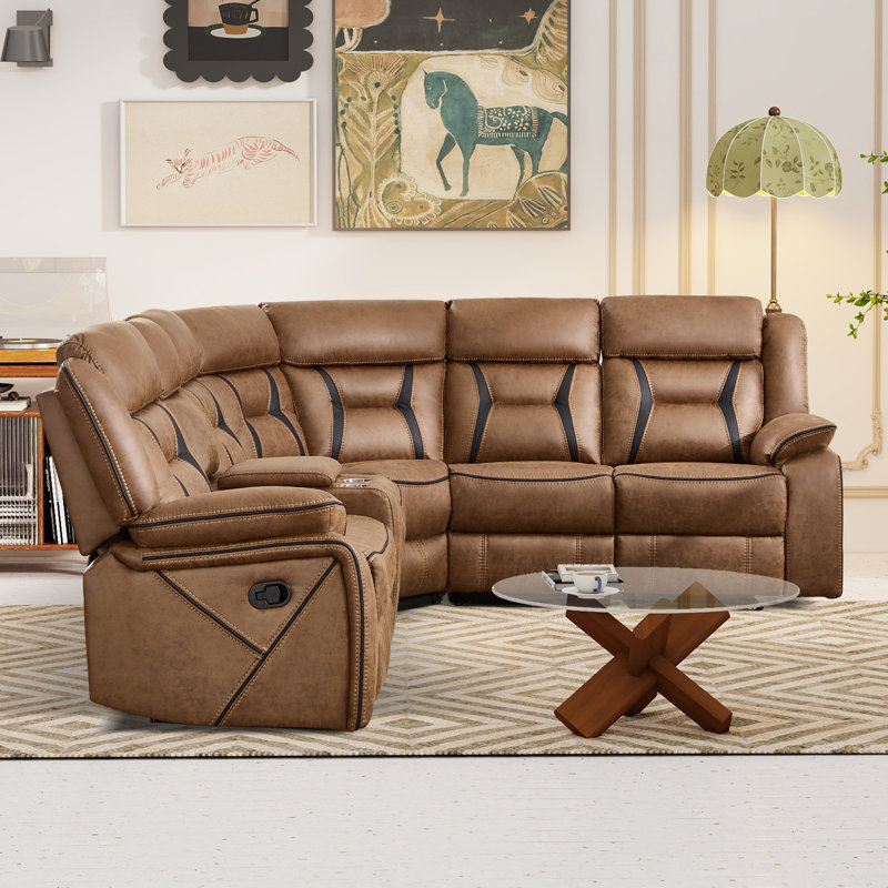 Canapé modulaire inclinable manuel en similicuir 7 pièces avec console de rangement et porte-gobelets Rohan