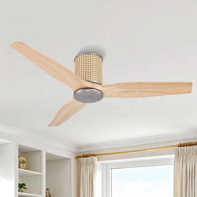 Ventilateur de plafond 48 pales à 3 pales et profil bas en rotin à 6 vitesses DC, grain de bois naturel avec nickel