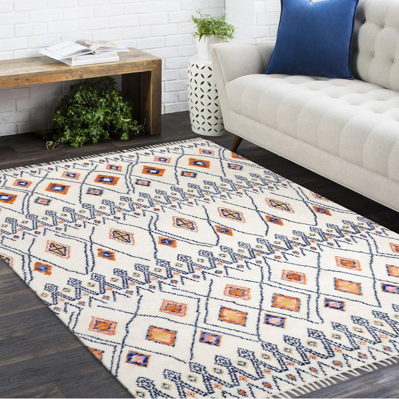 Rectangle Wagar Geometric Handmade Area Rug in Ivory/Black/Orange, Rectangle 9' x 12'