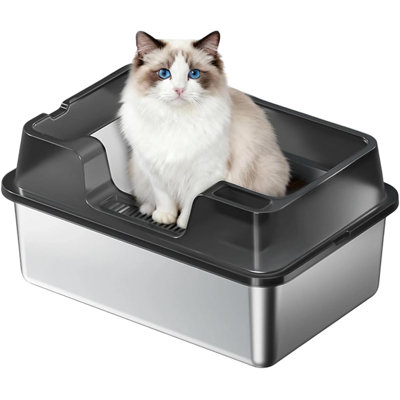 Bac à litière pour chat en acier inoxydable, bac à litière semi-fermé pour chat, bac à litière à haut rebord anti-éclaboussures, antiadhésif, facile à nettoyer, noir H 10,62 po