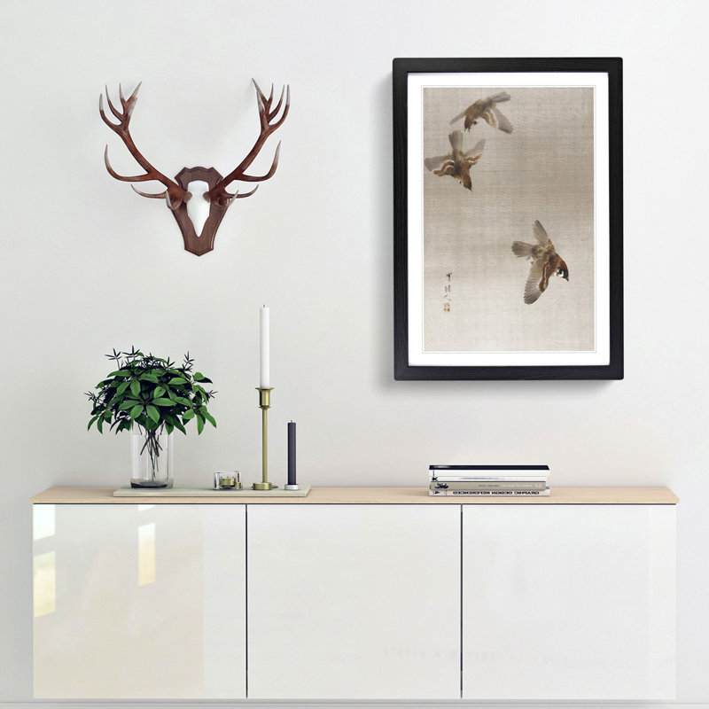 Flying Sparrows by Watanabe Seitei - Picture Frame Art Print, Black, 91cm H x 60cm W x 2cm D
