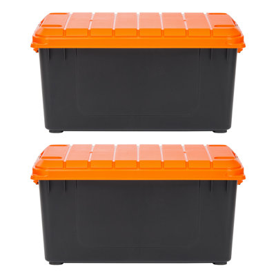 82 Qt./21 Gal. Heavy-duty Stackable Storage Tote in Black with Orange Lid