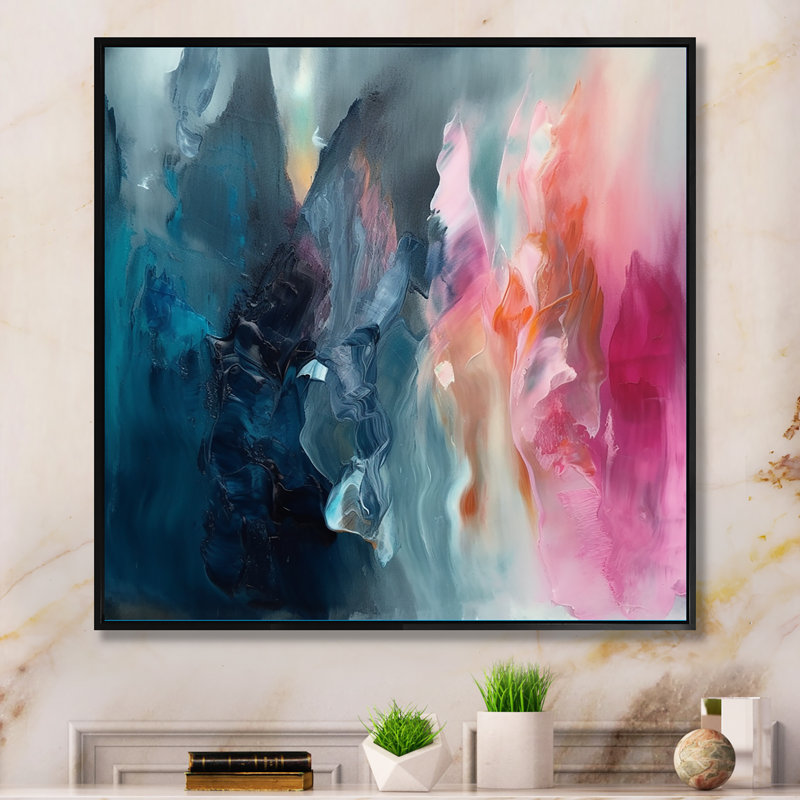 «Desyree Blue and Pink Spatula Abstract», art mural abstrait, L 36 po x H 36 po, Cadre flottant noir