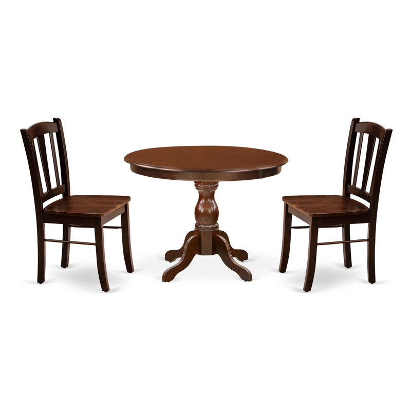 3 Piece Modern Dining Table Set Contains a Round Wooden Table with Pedestal and 2 Dining Room Chairs, Mahogany, 3