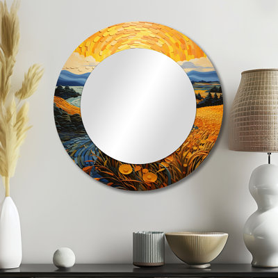 Vangogh Harvest Time In The Wheat Fields II - miroir Vangogh, miroir mural rond jaune, impression sur métal