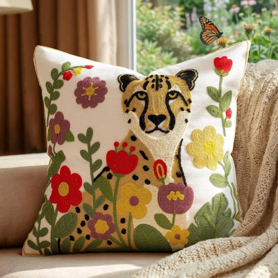 Housse de coussin élégante brodée à motif guépard, housse de coussin décorative en lin pour canapé ou lit (paquet de 1)