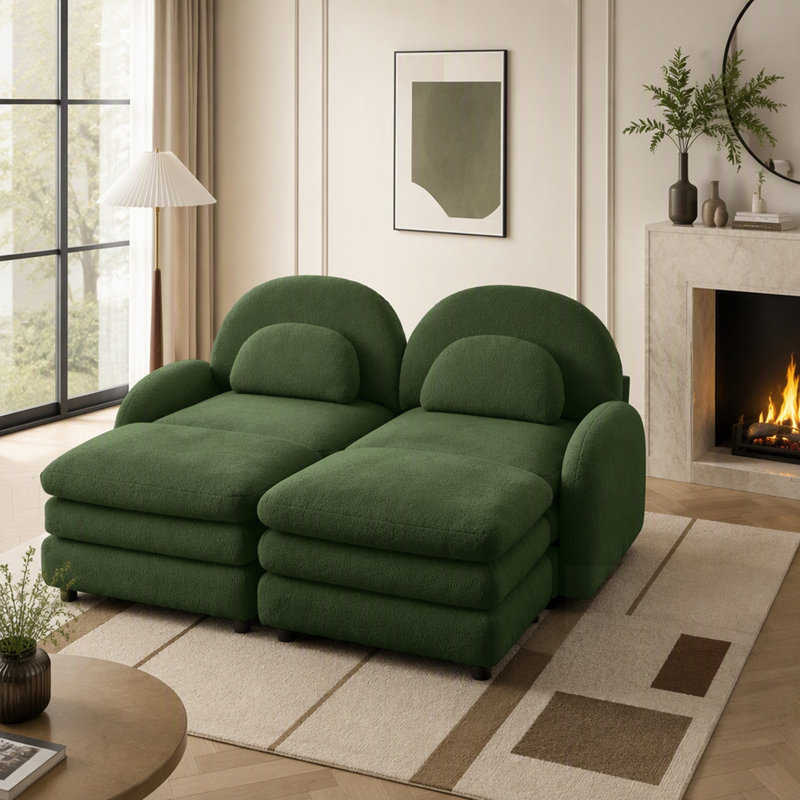 Canapé 2 places en tissu Teddy effet nuage avec dossier et accoudoirs incurvés, canapé d'angle modulaire avec poufs amovibles et coussin double couche
