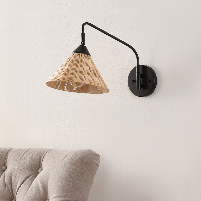 Aarza 11" 1-Light Vintage Coastal Rattan/Metal Swing Arm LED Sconce