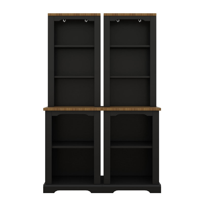 2-Piece Tall Freestanding Cabinet Set With Walnut Top, Open Storage Bookshelf With Curved Design, Anti-Tip Device, Black