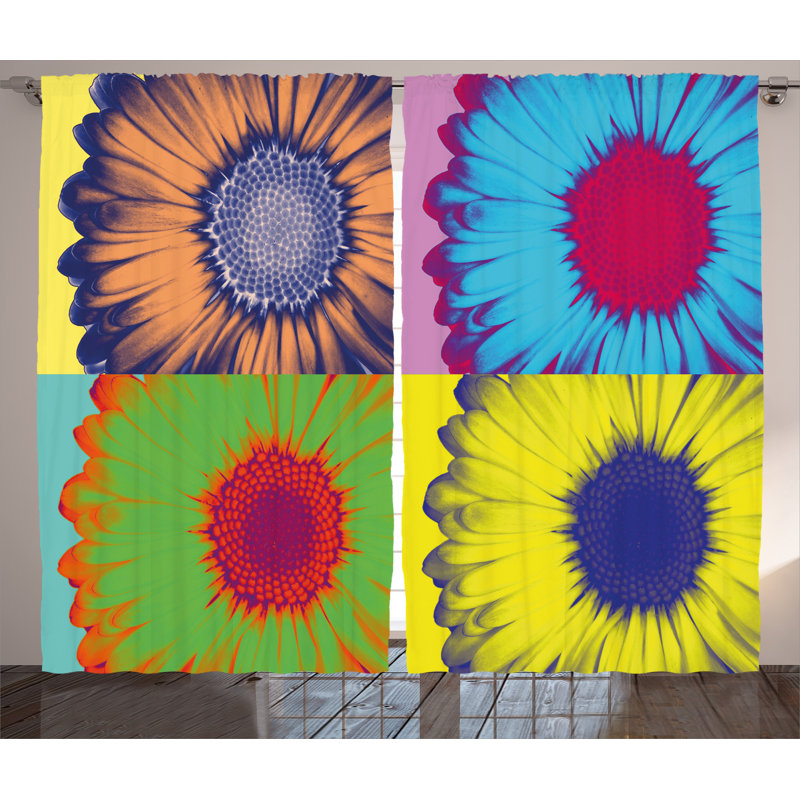 Kitschy Daisy Flower Decor Abstract Semi-Sheer Rod Pocket Curtain Panels, 54" W x 84" L