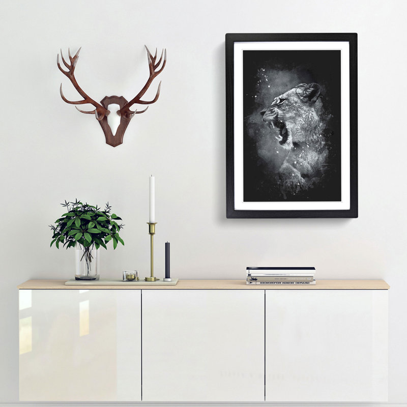 Fierce Lioness - Framed Print, 63cm H x 45cm W x 2cm D, Black Framed