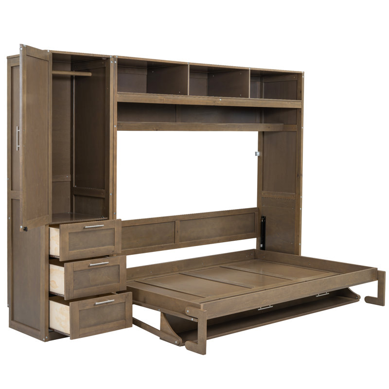 Lit escamotable double avec garde-robe, tiroirs et tablettes ouvertes