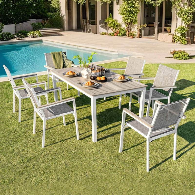 Ensemble de salle à manger 7 pièces avec trou pour parasol et chaises empilables