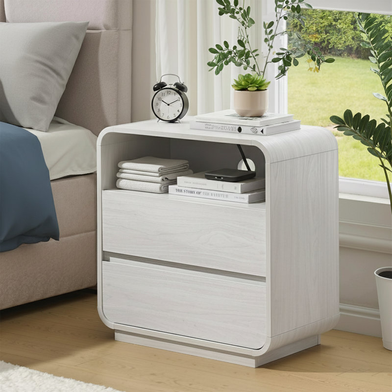 25" Nightstand, Charging Station, 2 Drawers, Curved, White