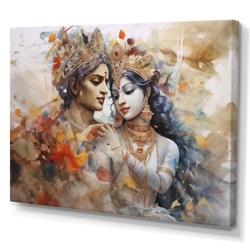 Hindouisme, aquarelle sèche, mariage divin de Radha Krishnas - impressions de l'hindouisme, Toile tendue, 34" H x 44" W