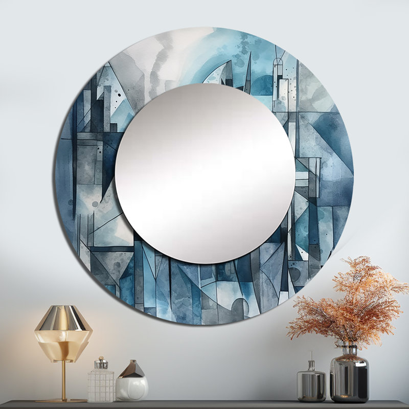 Shaune bleu abstrait harmonies de forme III - miroir géométrique, miroir mural rond unique moderne, art imprimé en métal