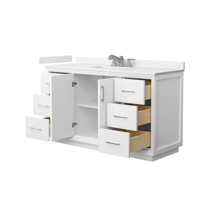 Strada 60" Freestanding Single Bathroom Vanity with Cultured Marble Top, Brushed Nickel, White