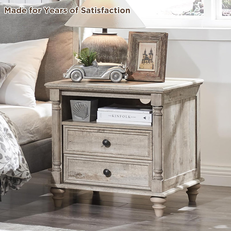 Rushville Farmhouse 2 - Drawers Nightstand with Charging Station, Tall Rustic Wood Square End Table with Open Shelf