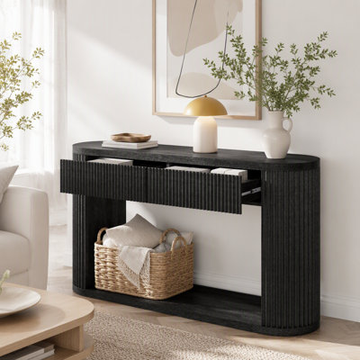 Console ovale cannelée avec 2 tiroirs et tablette inférieure, table d'entrée en bois avec glissières en métal lisse pour le salon, entrée