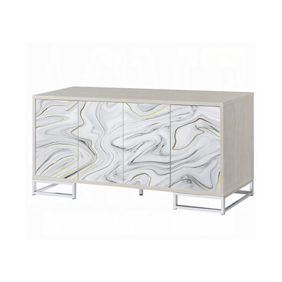 Buffet de 65,40 po de largeur, peinture effet marbre blanc et chrome