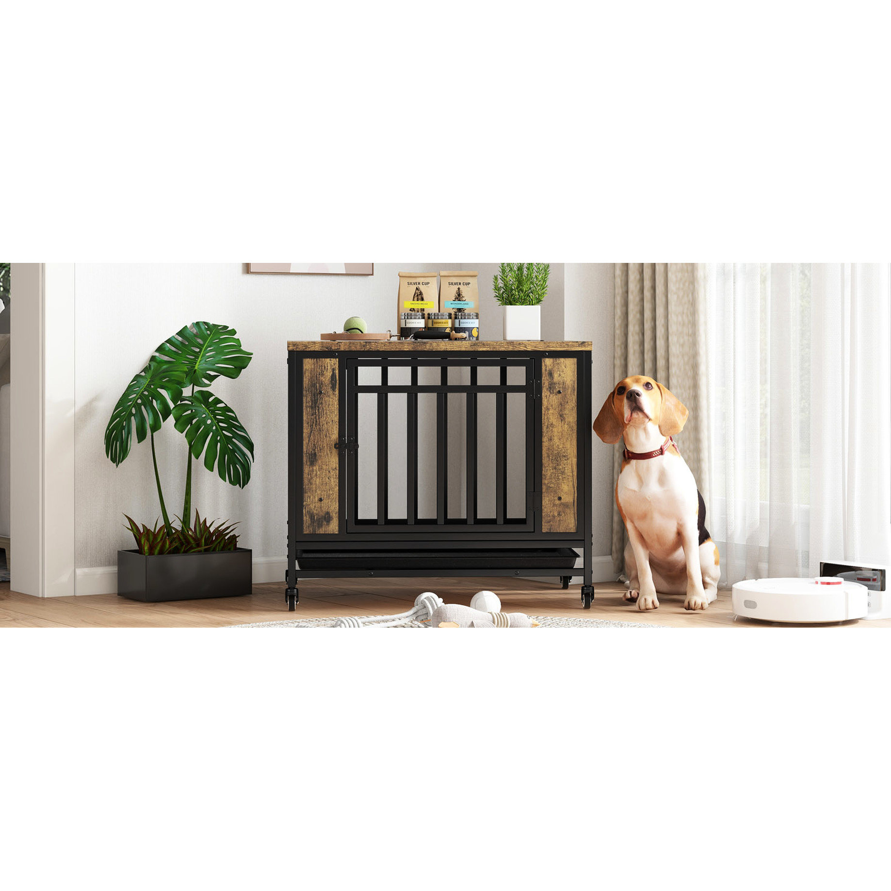 Ophelia & Co. Dog Crate With Iron Door And Tray In Vintage Wood Style ... - Easy To Assemble Dog Crate
