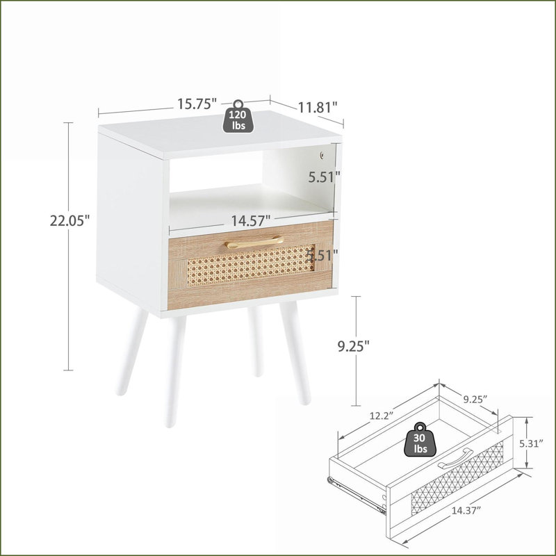 Table basse en rotin blanc avec tiroirs de rangement en bois massif pour le salon, capacité robuste de 120 lb, Blanc