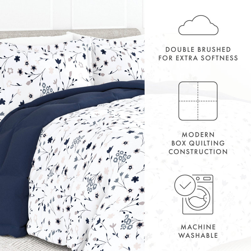 Twin Navy Floral Down Alternative Reversible Comforter Set