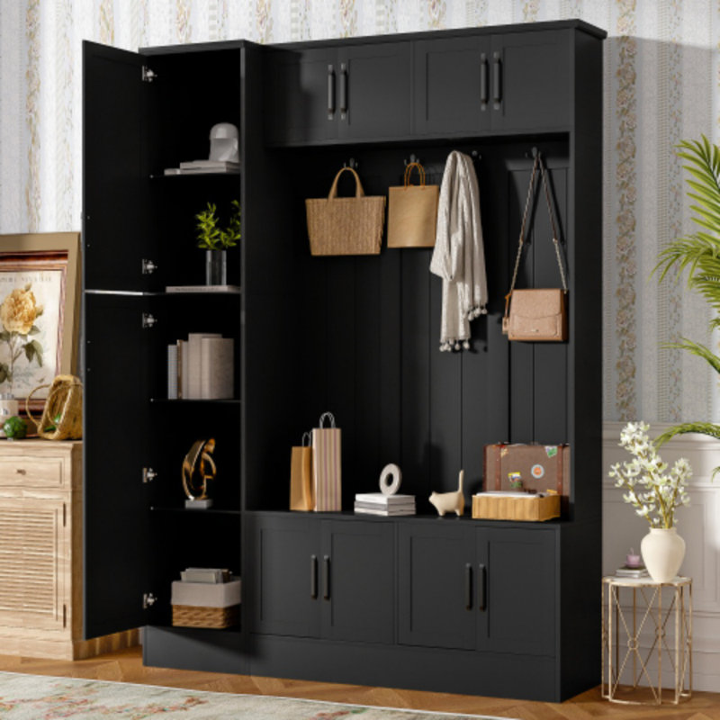 Tall Modern Hall Tree With Storage Bench - 79" Entryway Organizer With 6 Cabinets, 4 Coat Hooks, Adjustable Shelf For Hallway Or Living Room