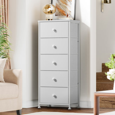 Commode Ojaswi à 5 tiroirs avec dessus en bois, commode en tissu, commode de chambre