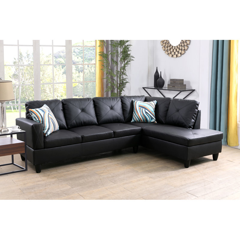 Black Faux Leather 2-Piece Sectional Sofa Set with Chaise, Right Hand Facing, Ultimate Black Faux Leather