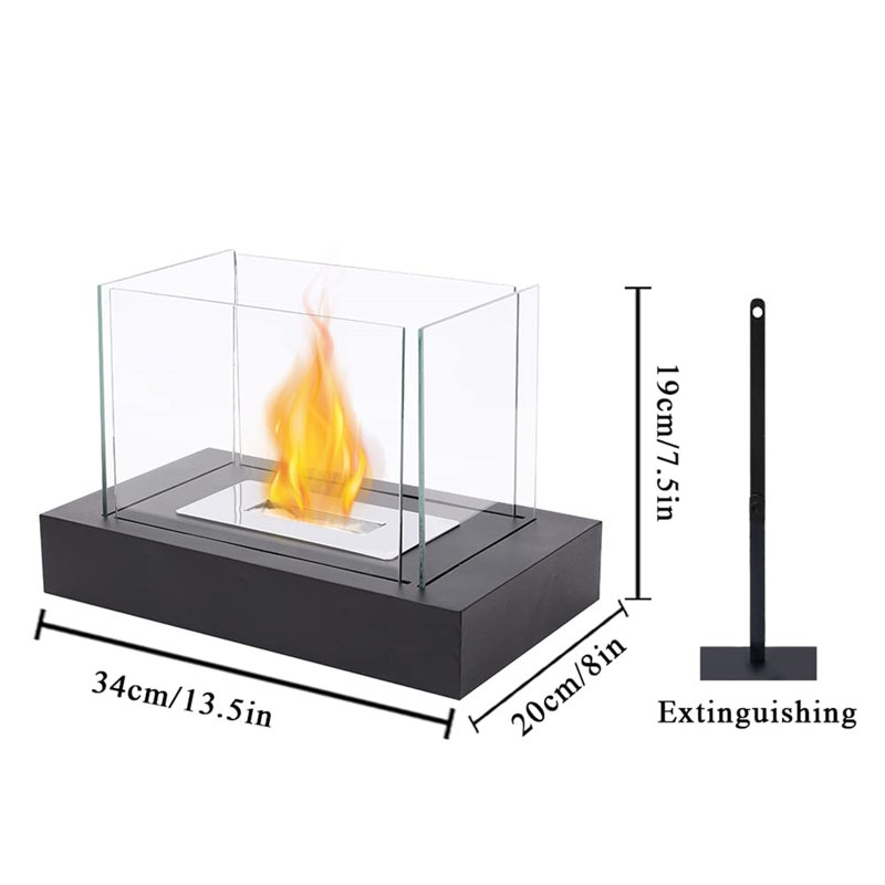 13.5" L Rectangular Tabletop Fire Bowl Pot Bio Ethanol Ventless Fireplace, Black