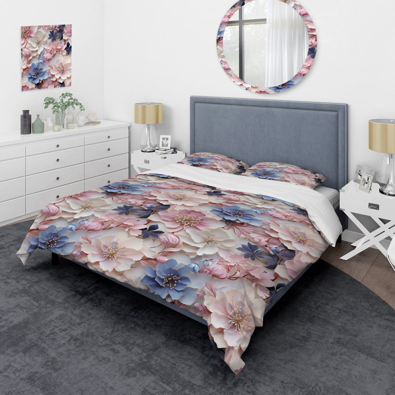 Literie à motif floral romantique, Housse de couette pour grand lit et 2 taies décor