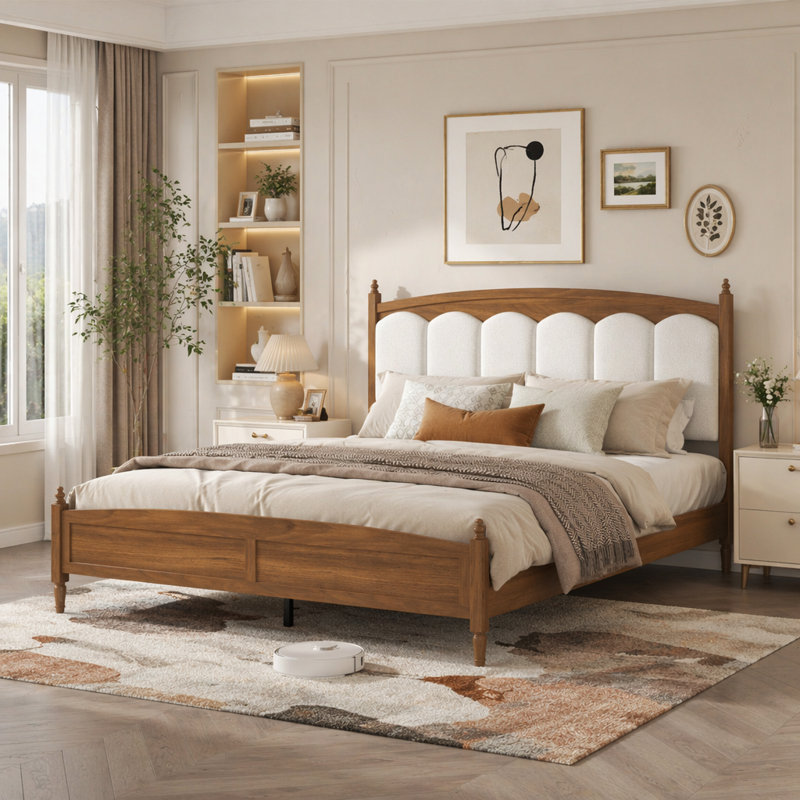 Lit plateforme très grand Mid-Century avec tête de lit tapissier, King