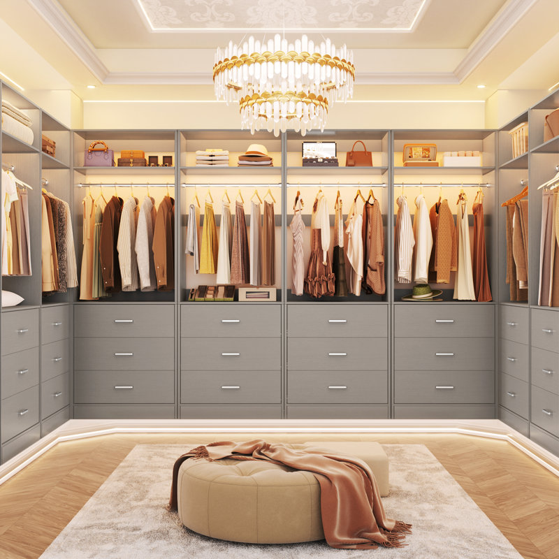  Bahari Freestanding 96" Closet System With 12 Wood Drawers, Gray