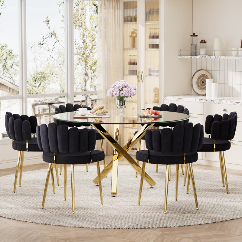 Ensemble de salle à manger rond en verre pour 4-6, 7 pièces : table, 6 chaises, Noir, H 29,95 po x L 47,2 po x l 47,2 po