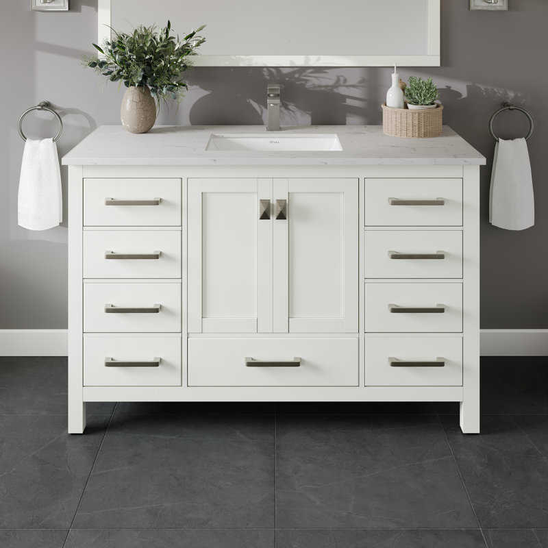White Solid Wood Bathroom Vanity with Carrara Quartz Countertop