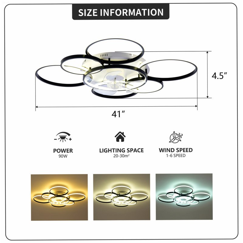 Ventilateur de plafond encastrable moderne à moteur à courant continu et à profil bas de 41 pouces à 6 vitesses avec lumière DEL à intensité variable, noir mat