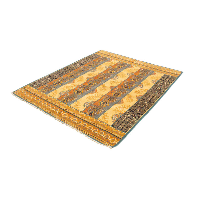 Tapis décoratif en laine de conception unique en laine noué à la main de conception unique New Age Lahore Ivoire/noir/jaune clair