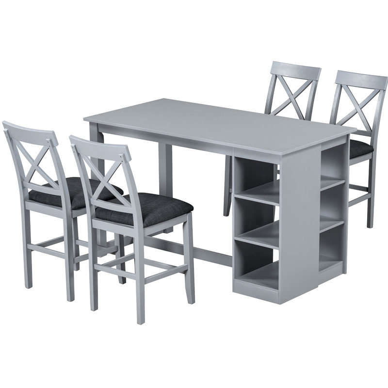 Table de salle à manger en bois massif avec 3 rangements, 4 chaises rembourrées, une table et des tablettes de rangement