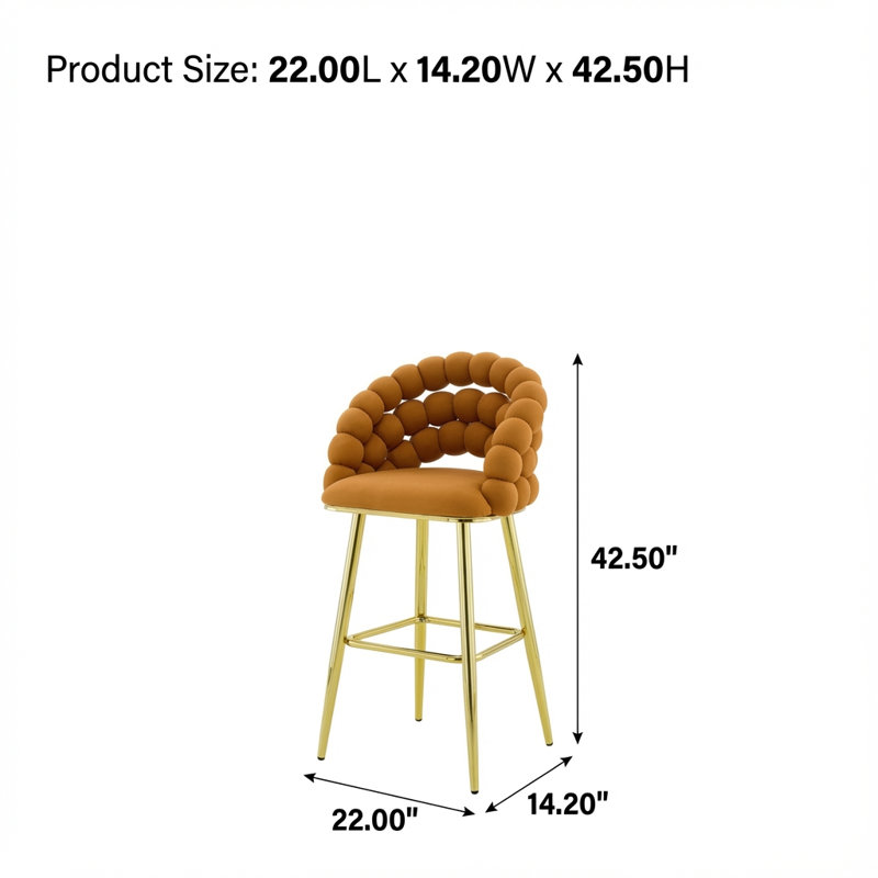 Ensemble de deux tabourets de bar modernes en velours capitonné avec dossier moelleux et pieds métalliques, Orange