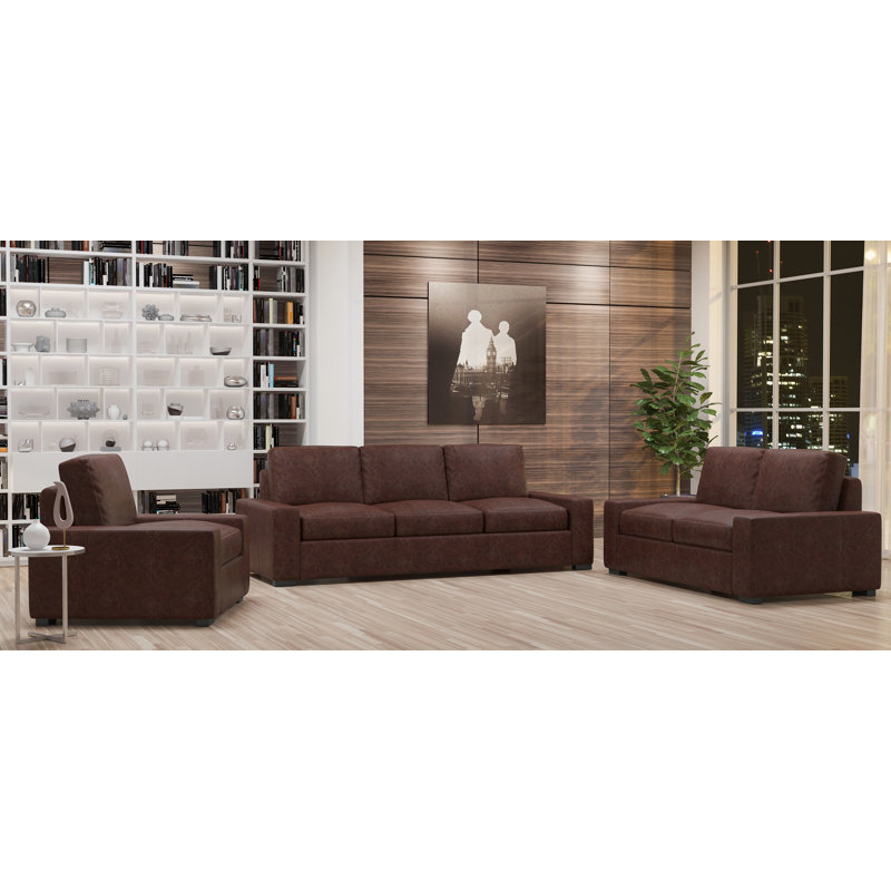 Ensemble de salon en cuir 3 pièces Alburga, Cuir véritable espresso