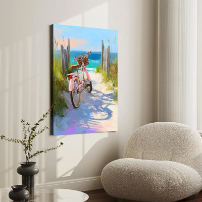 Vélo vintage rose sur une plage de sable, paysage côtier, peinture à l'huile sur toile tendue, grand format, impression d'art mural pour salon ou chambre
