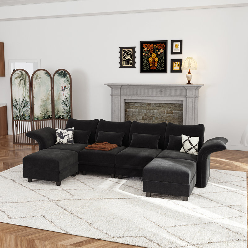 Canapé modulaire rembourré avec rangement de 102 po Harlaii, Chenille noir