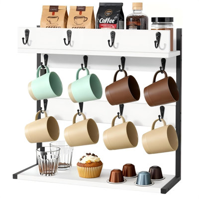 Coffee Mug Rack Holder Wall Mount ， 2 Tier Mug Rack Stand With Storage Base For 12 Cups For Kitchen, Dining Room Counter Organizer