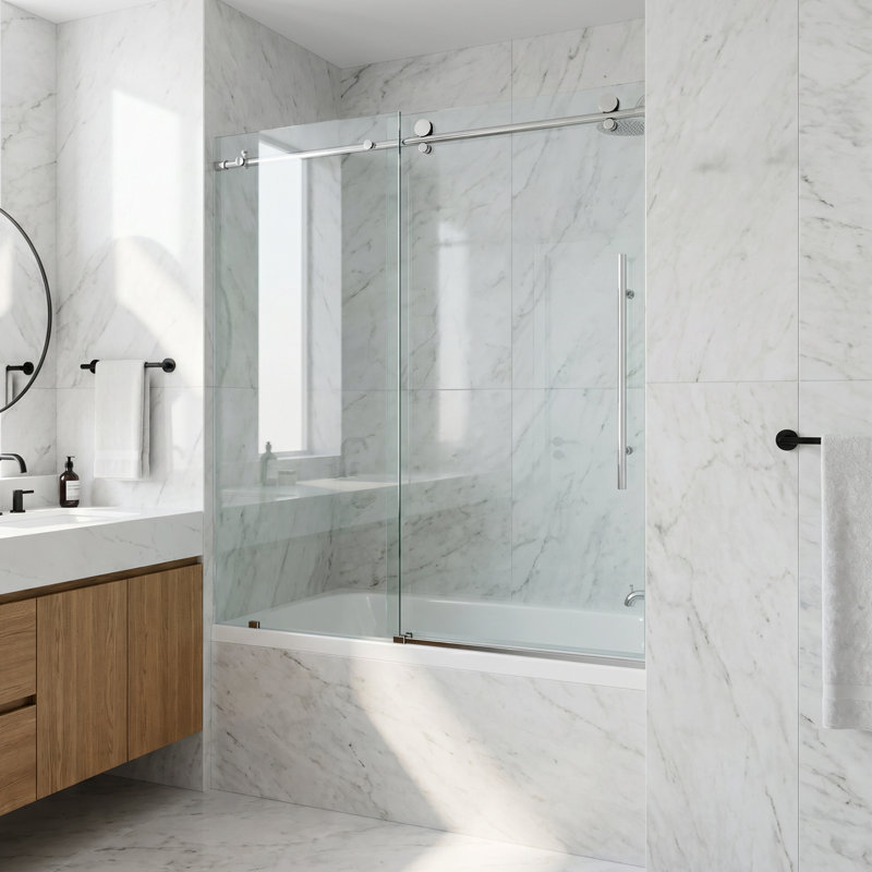 Porte de baignoire coulissante sans cadre Elan E-Class l 56-60 "x H 66" avec verre transparent 3/8 ", Chrome