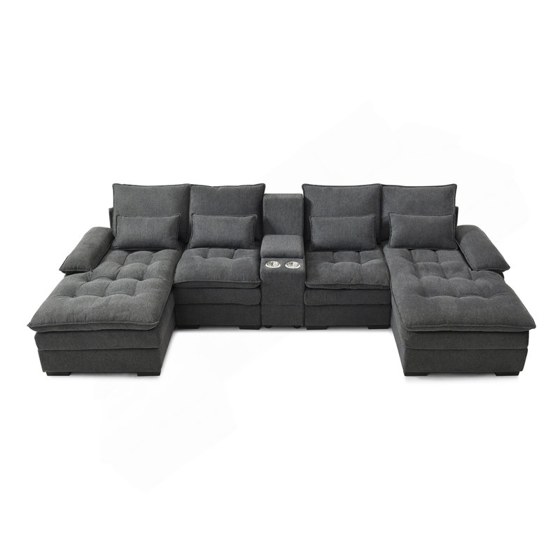 130"  U-Shaped Sofa With Console,Cupholders,6-Seat Upholstered Primary Living Space Furniture,Sleeper Couch Set With Chaise For Living Room,Apartment, (Grey)