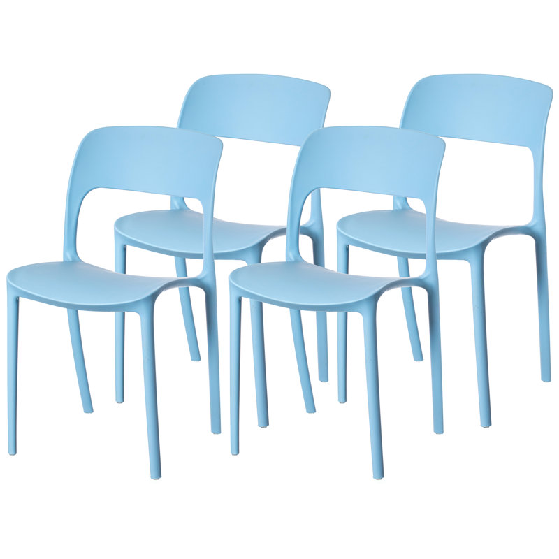 Modern Plastic Outdoor Dining Chair with Open Curved Back, Set of 4, Bleu