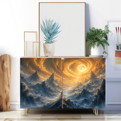 Buffet étroit de 35,4 po de largeur - armoire de rangement décorative 2 portes avec impression de ciel céleste solitaire et paysage de montagne Lone Traveller