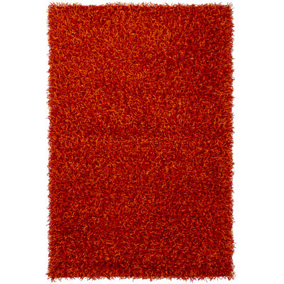 Tapis à poils longs en polyester à motif abstrait tissé à la main rouge et orange Heston Authentic